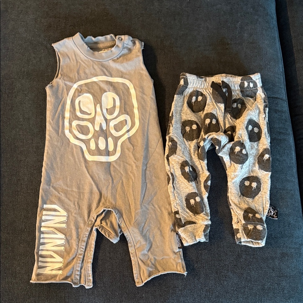 Nununu Gray Skull Romper and Pants Set